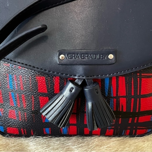 VERA BRADLEY Navy & Red Art Plaid S Tasseled Crossbody Bag Vegan Leather Flap - Picture 3 of 10